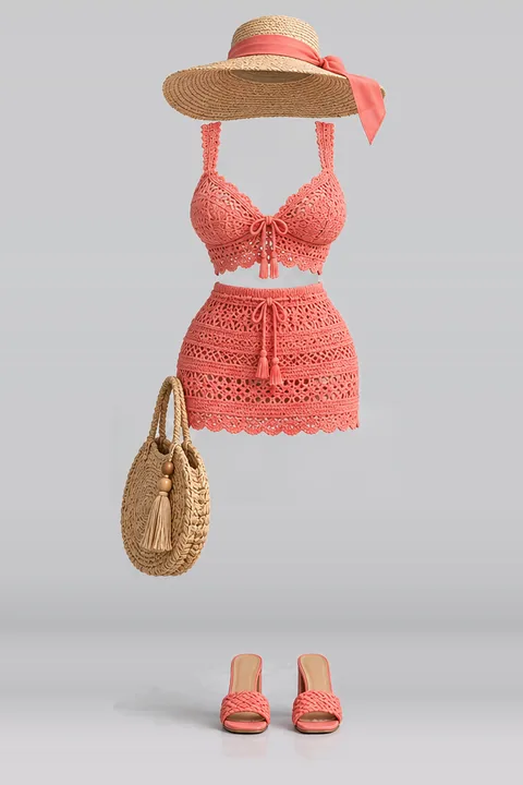 Knit mini skirt hat sandals bag