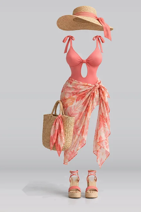 Swimsuit ribbon skirt sandals hat bag