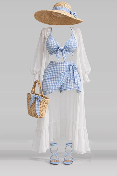Blue mini skirt shorts cardigan sandals