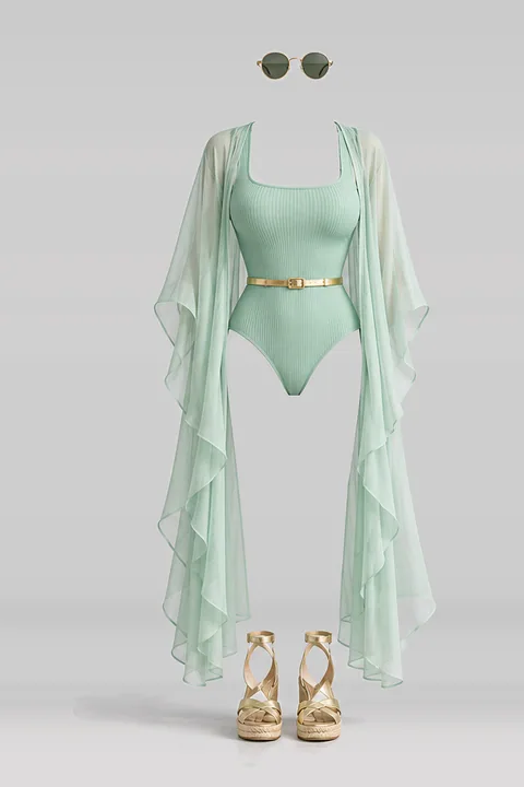 ミント・水着・ゴールド・ベルト・サンダル・サングラス