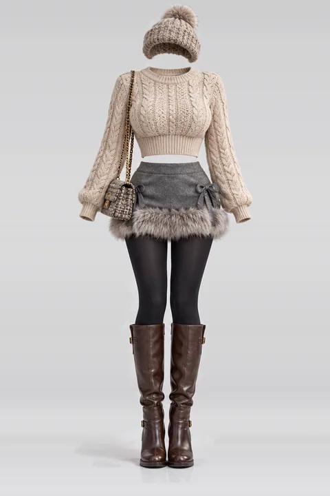 Beige knit sweater grey fur mini