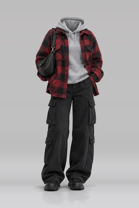 Red black shirt jacket grey hoodie