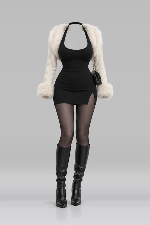 Ivory knit fur black dress tights
