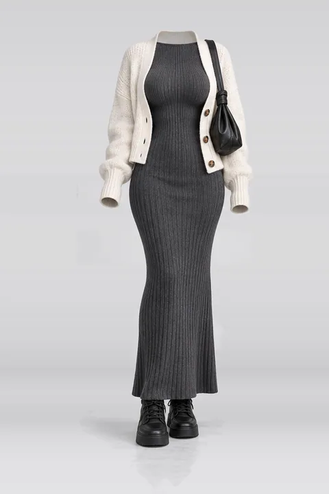 Knit dress ivory cardigan black sneakers