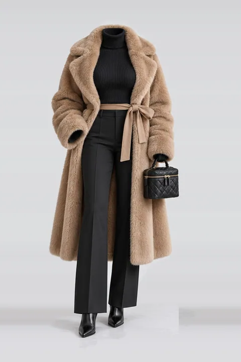 Fur coat ribbon belt black knit