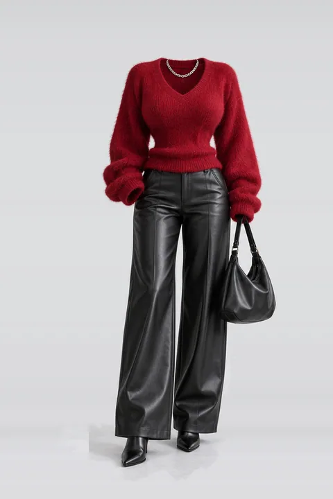 Red knit black leather pants boots
