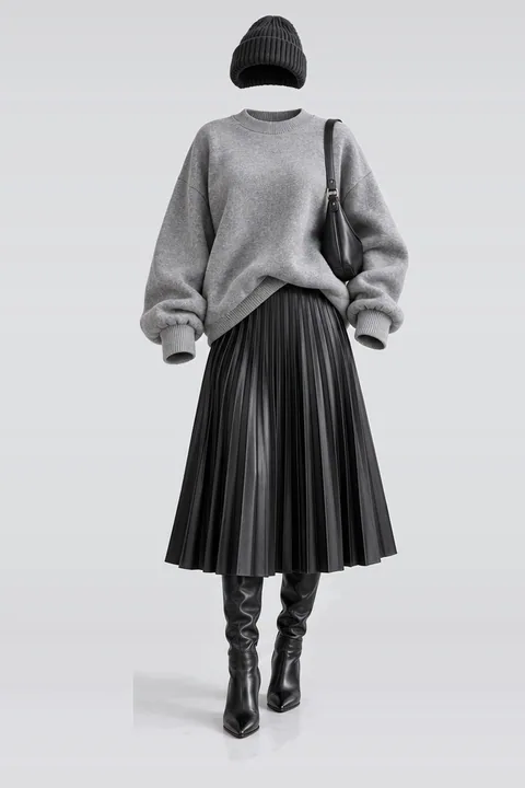Grey black pleated leather midi skirt