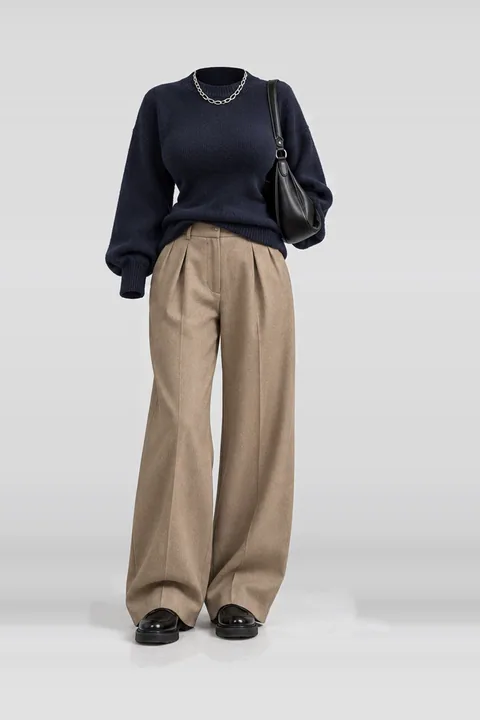 Navy knit pants black loafers leather