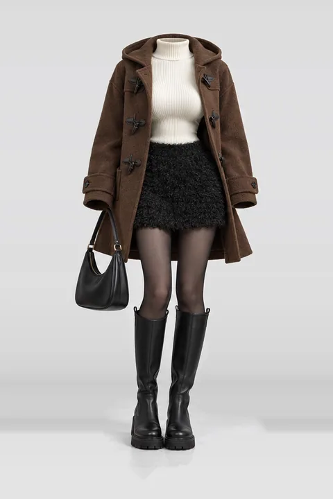 Brown coat white knit black mini