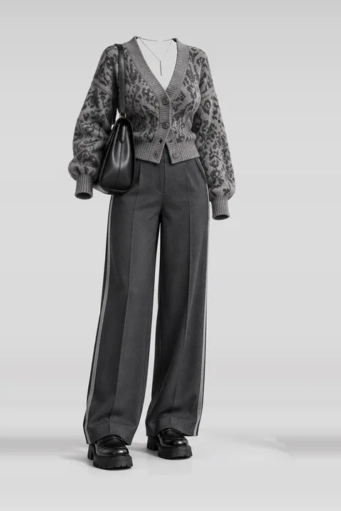 Grey knit cardigan black loafers leather