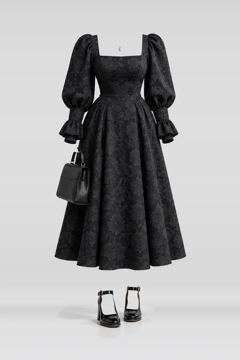 Black midi dress pumps necklace