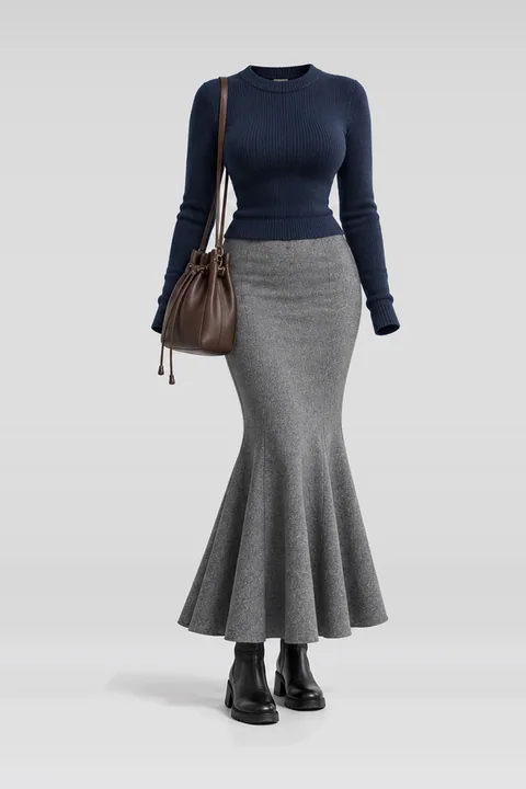 Navy knit grey skirt black boots