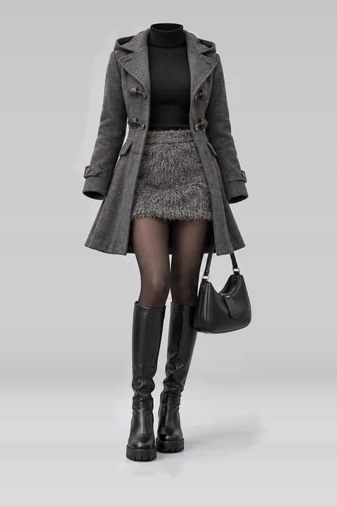 Grey coat black knit mini skirt