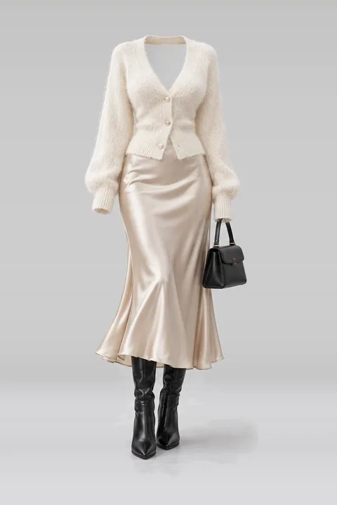 Ivory knit cardigan satin skirt black