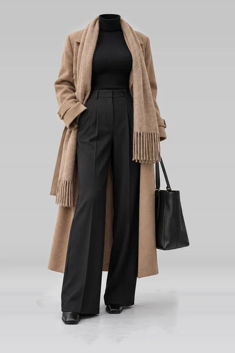 Wool coat black turtleneck knit boots