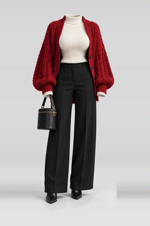 Red knit white black pants bag