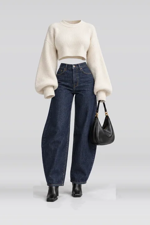 Ivory sweater jeans black boots bag