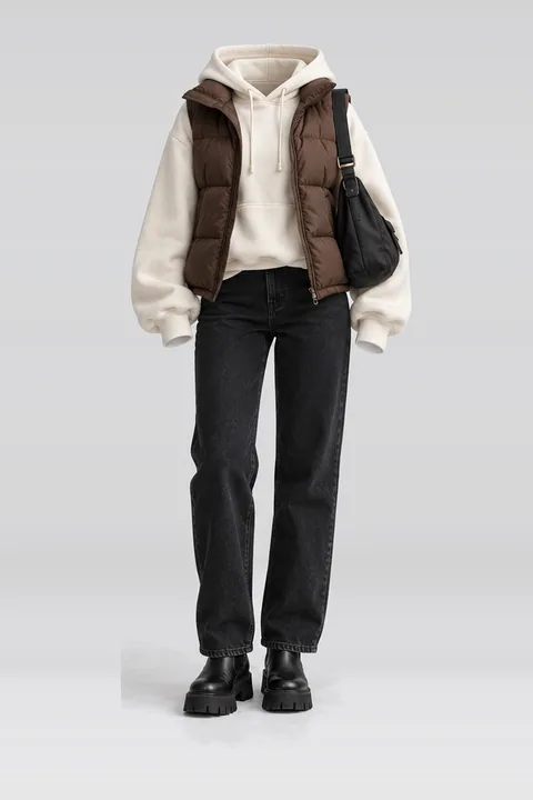 Brown vest ivory hoodie black jeans