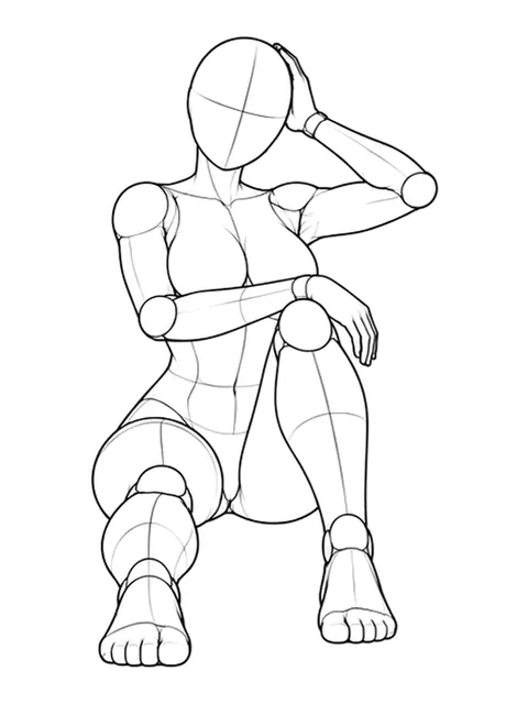 Sitting, one knee up, hand in hair