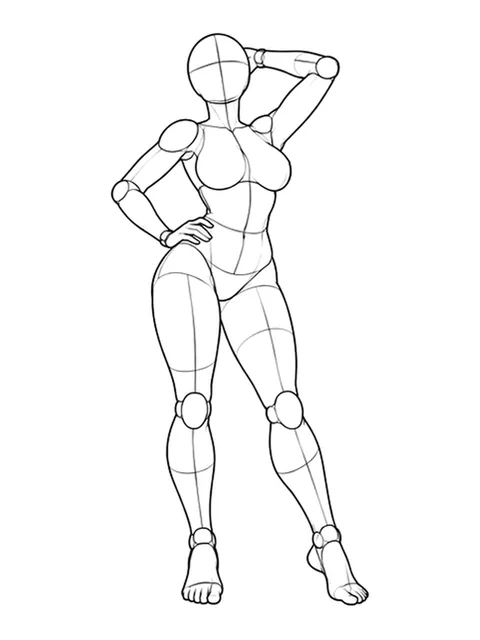 Standing, one hand behind head