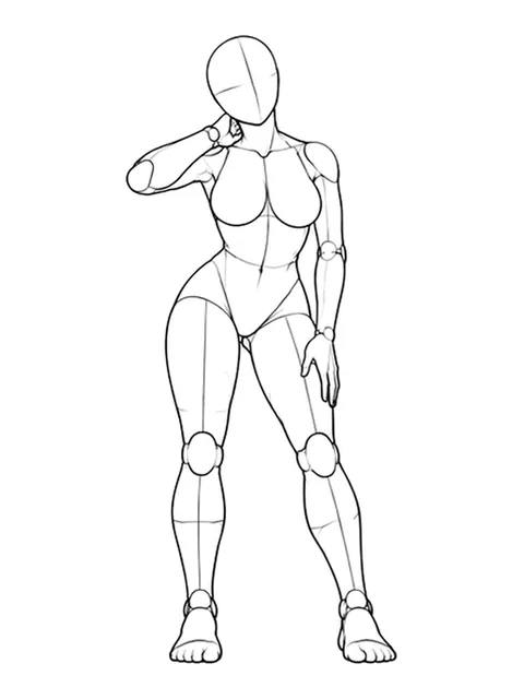 Standing, one hand at neck, other on thigh
