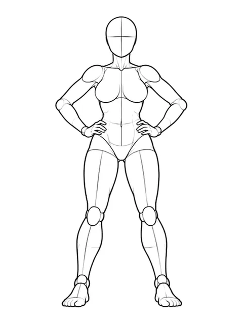 Standing, legs apart, hands on hips