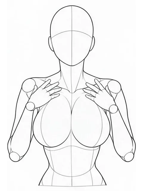 Looking down, hands on collarbone